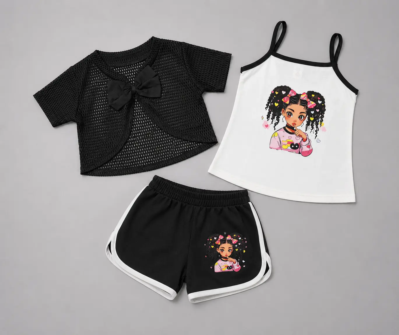 Girls 3 Piece Summer Outfit Set – Cartoon Print Cami Top, Elastic Shorts & Crochet Bow Cardigan | Baby & Toddler Girls