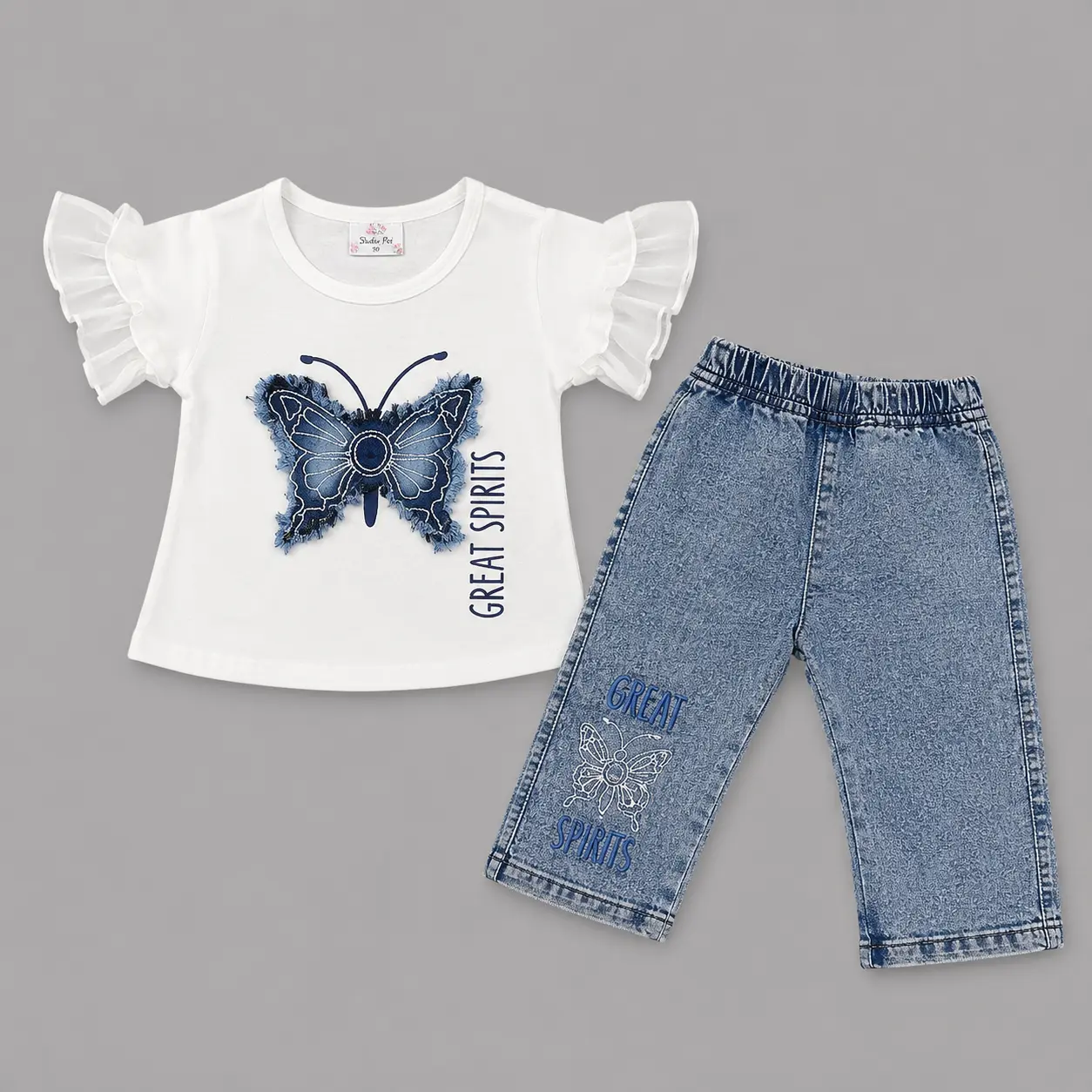 Girls White Butterfly Embroidered T-Shirt & Denim Jeans 2 Piece Outfit Set
