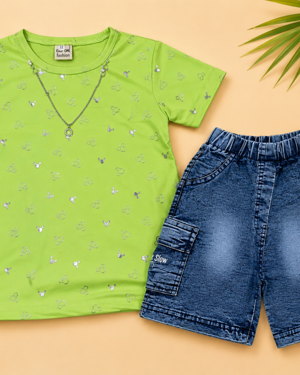 Kids Printed T-Shirt & Denim Cargo Shorts 2 Piece Outfit Set