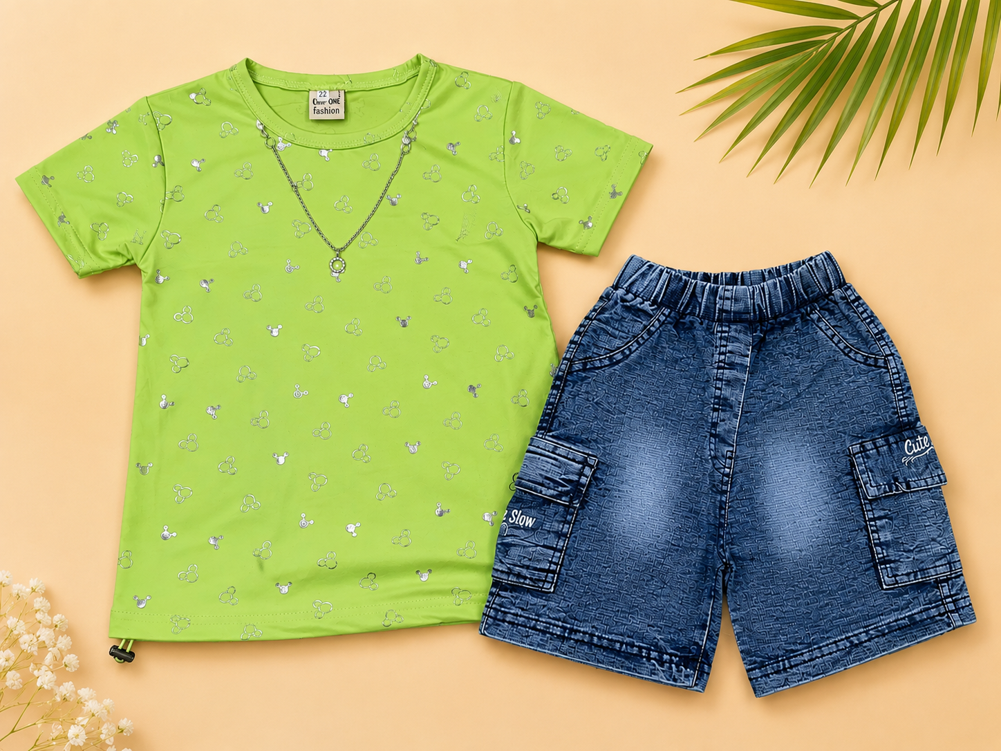 Kids Printed T-Shirt & Denim Cargo Shorts 2 Piece Outfit Set