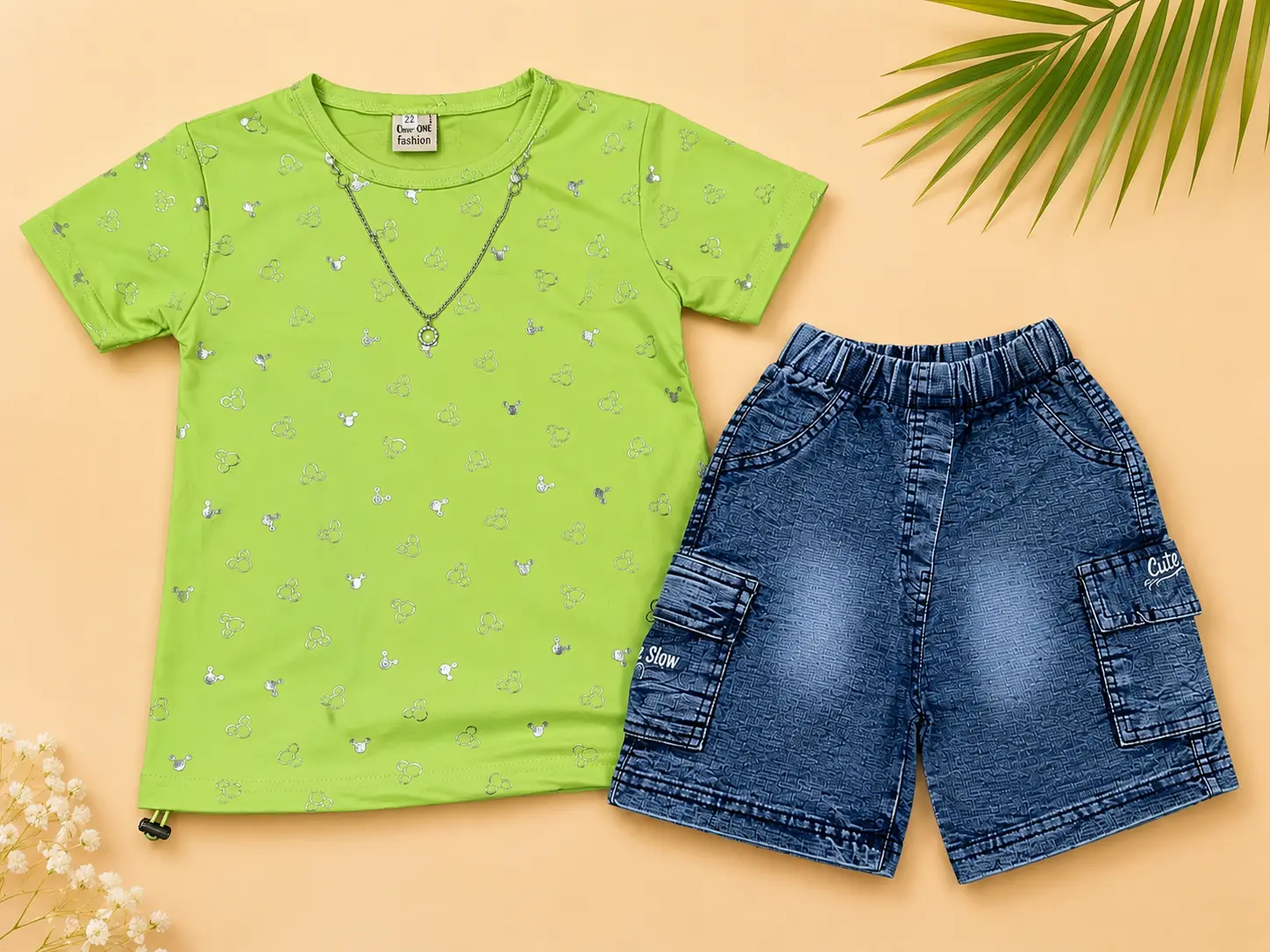 Kids Printed T-Shirt & Denim Cargo Shorts 2 Piece Outfit Set