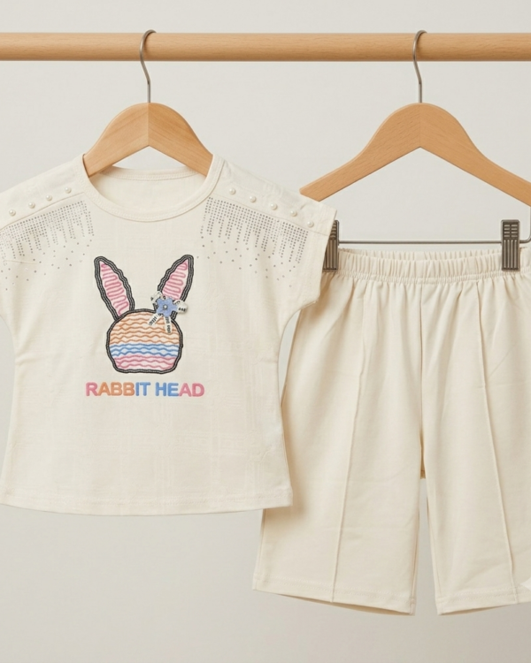 Girls White Rabbit Head T-Shirt & White Shorts Summer Co-Ord Set