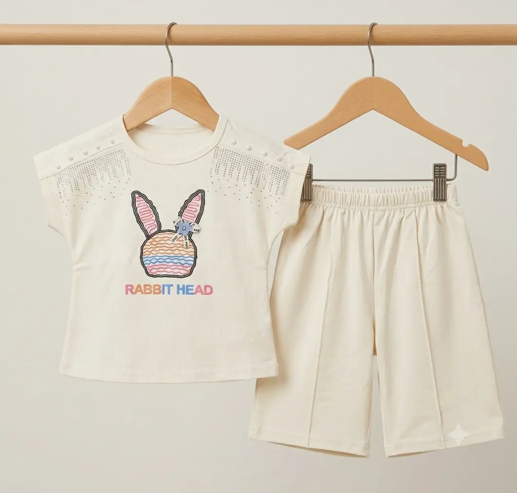 Girls White Rabbit Head T-Shirt & White Shorts Summer Co-Ord Set
