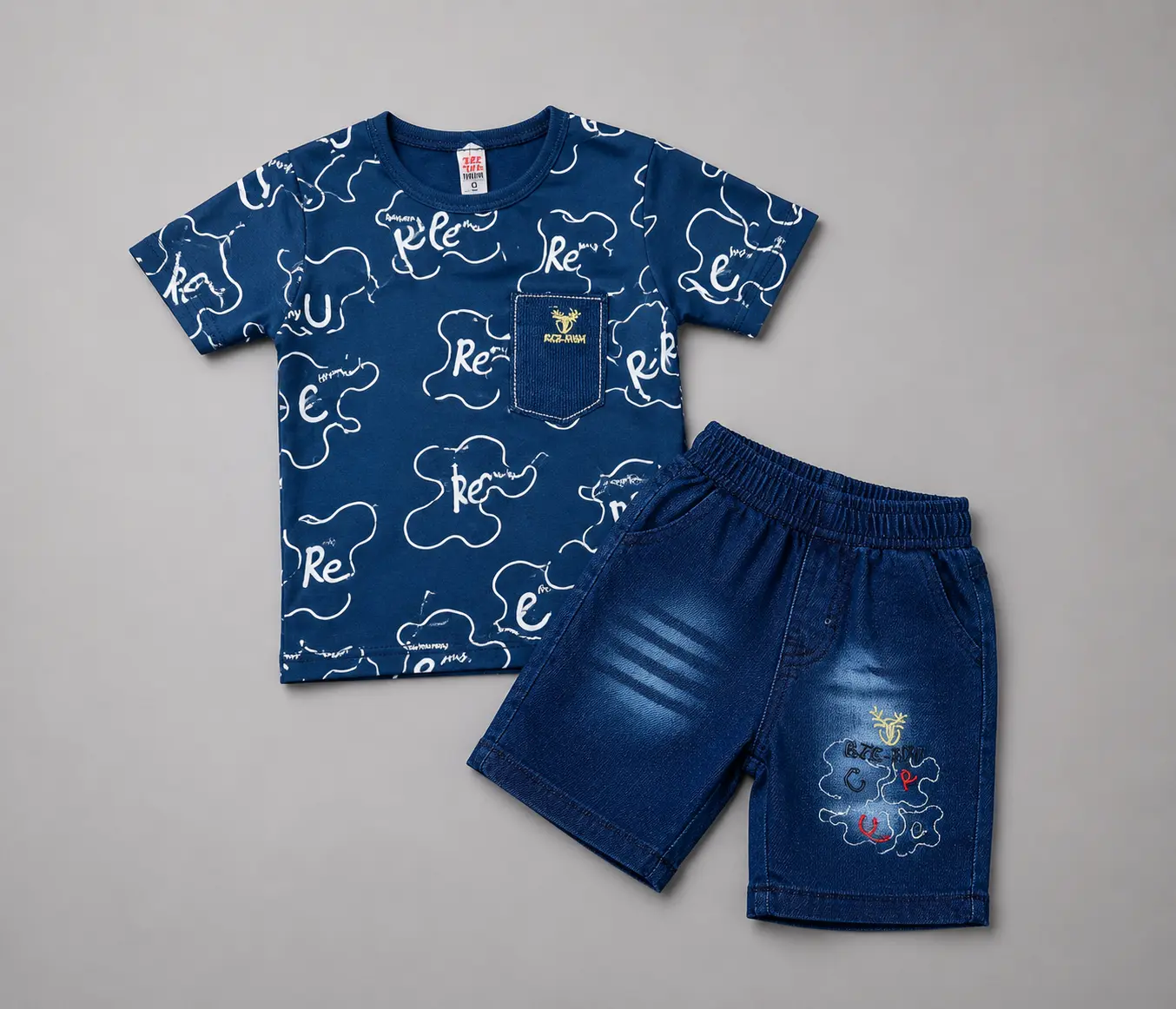 Kids Printed T-Shirt & Blue Denim Jeans Outfit Set