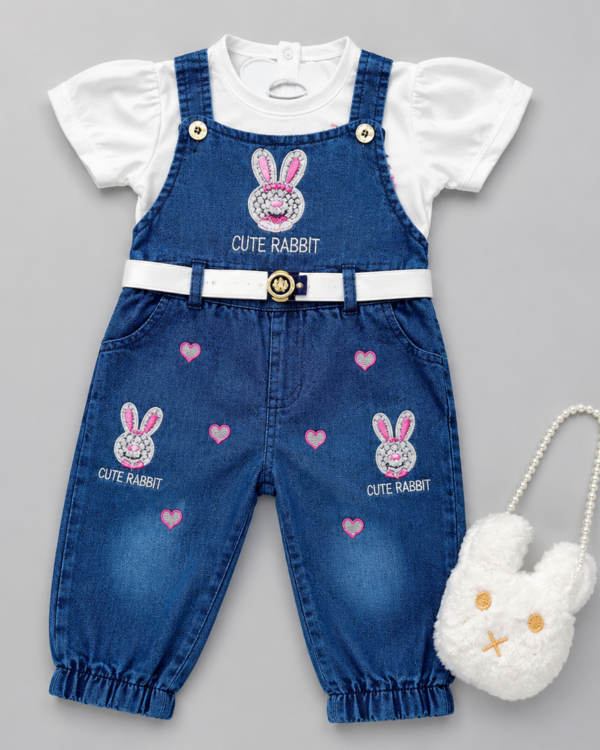 Cute Rabbit Embroidered Baby Girls Denim Jumpsuit Set – 2 Piece Outfit