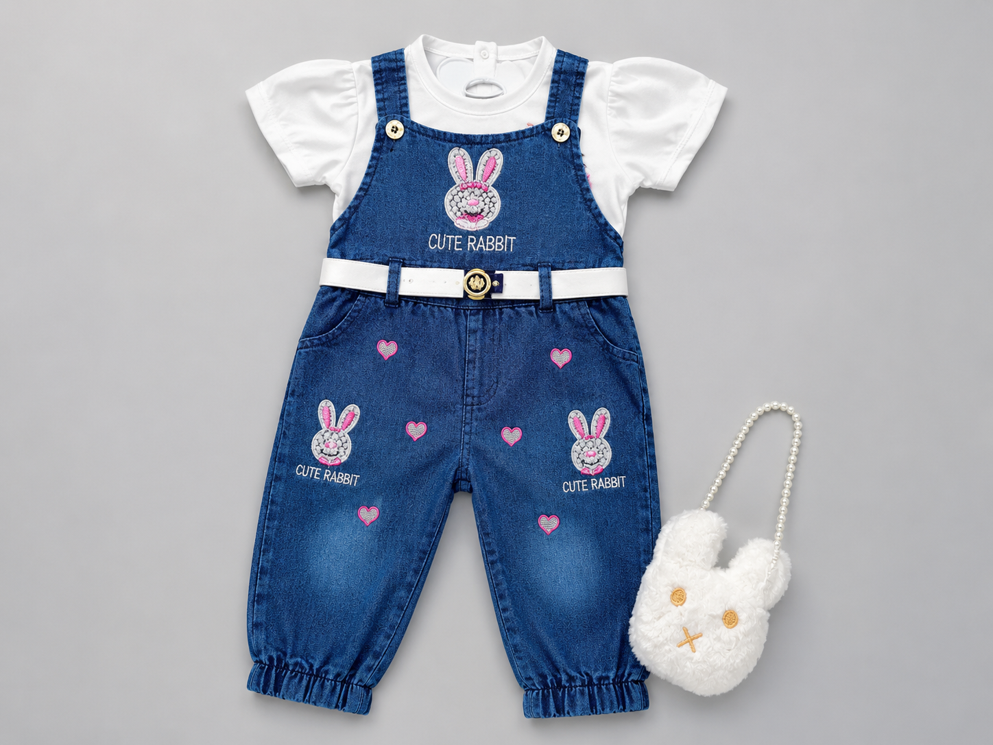 Cute Rabbit Embroidered Baby Girls Denim Jumpsuit Set – 2 Piece Outfit