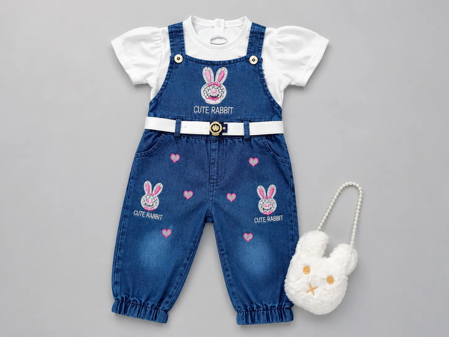 Cute Rabbit Embroidered Baby Girls Denim Jumpsuit Set – 2 Piece Outfit