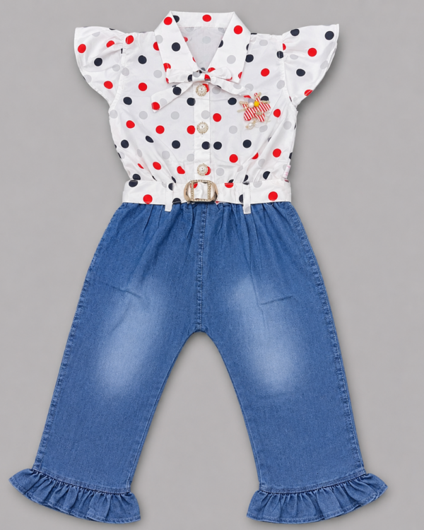 Girls Polka Dot Belted Denim Jumpsuit