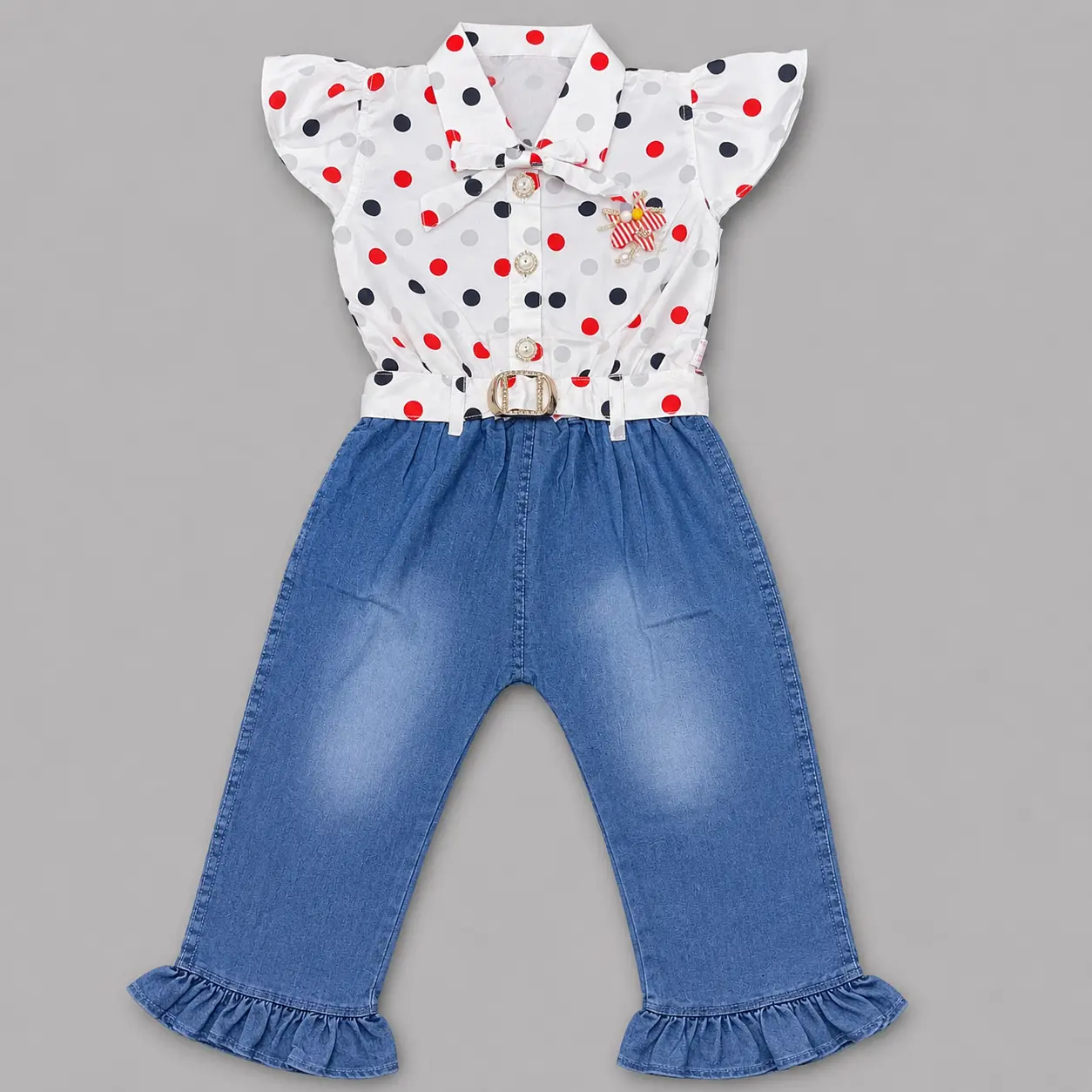 Girls Polka Dot Belted Denim Jumpsuit