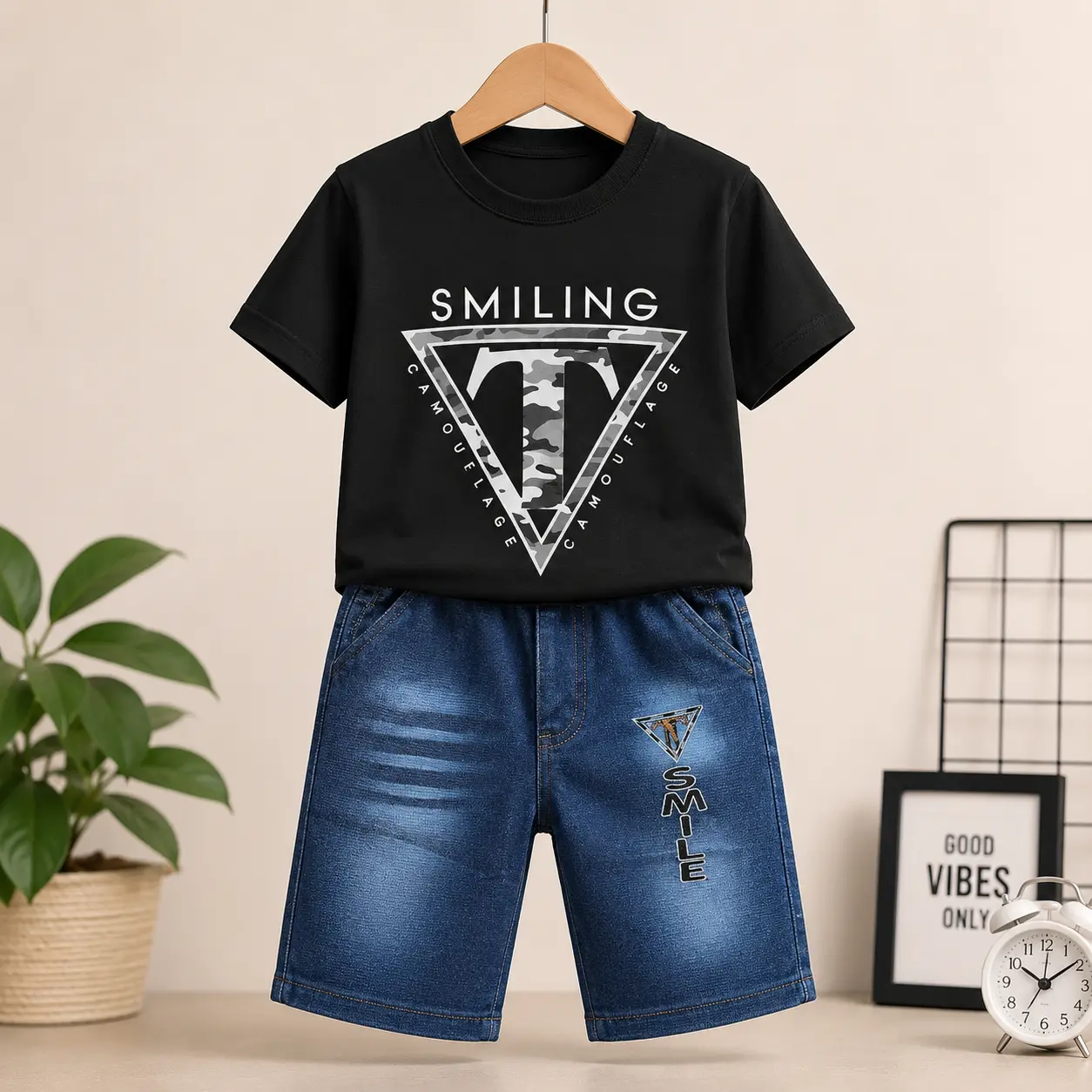 Trendy Black Tee & Denim Shorts Set