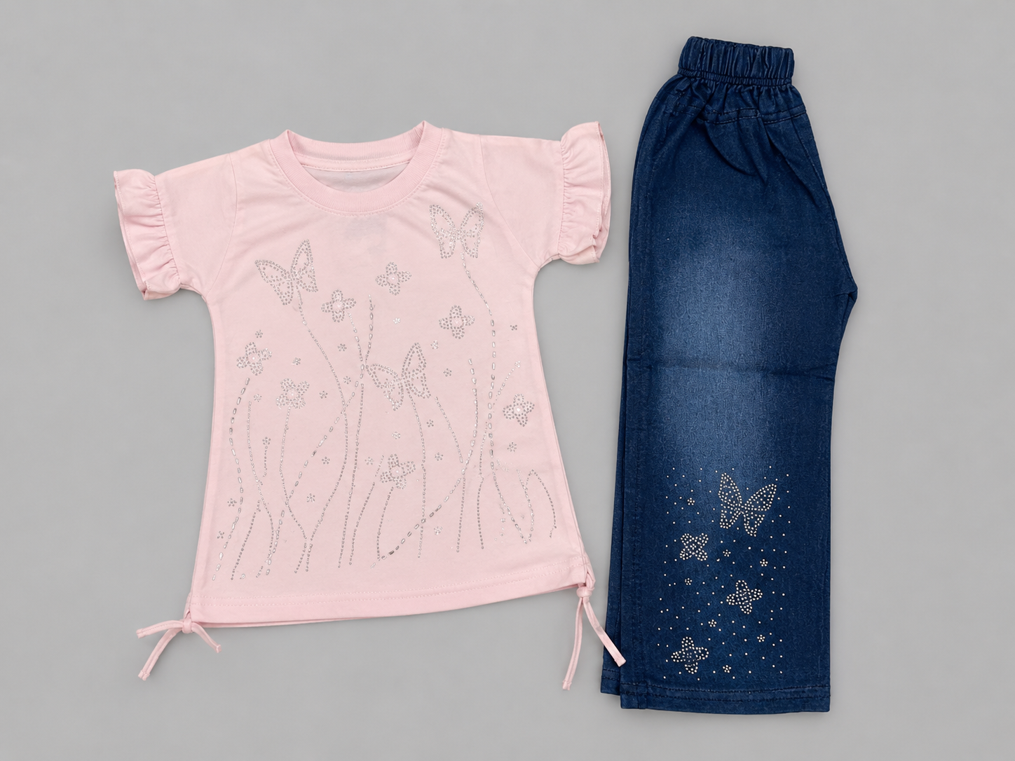 Soft Yellow Ruffle Sleeve Top & Blue Denim Style Pants