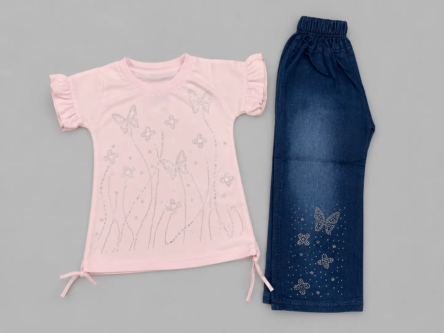 Soft Yellow Ruffle Sleeve Top & Blue Denim Style Pants