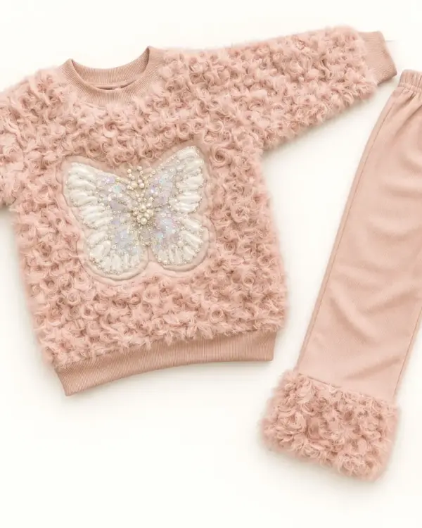 Girls’ Dusty Lilac Butterfly Sweater & Fur-Cuff Pants Set – 2-Piece Outfit