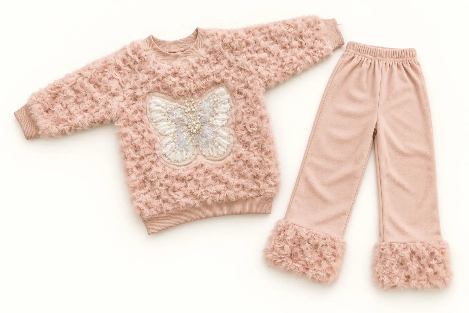 Girls’ Dusty Lilac Butterfly Sweater & Fur-Cuff Pants Set – 2-Piece Outfit
