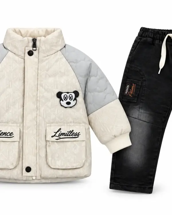Kids Cream Quilted Jacket & Black Denim Jogger Pants Set – Winter Outfit