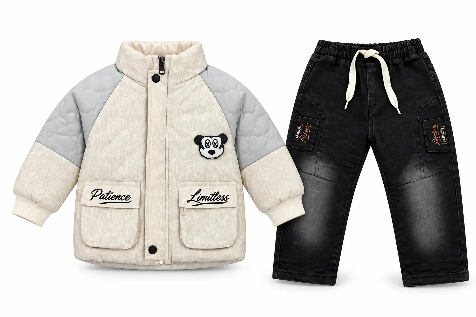 Kids Cream Quilted Jacket & Black Denim Jogger Pants Set – Winter Outfit