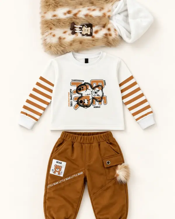 Kids 3-Piece Winter Outfit Set – Teddy Bear Sweatshirt, Black Jogger Pants & Furry Hooded Vest