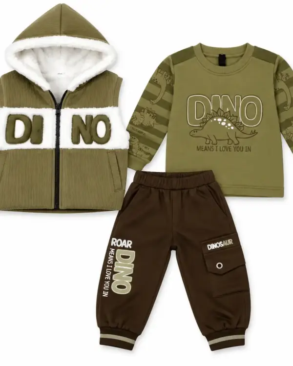 Kids’ 3-Piece Dinosaur Outfit Set – Tan Full-Sleeve Sweatshirt, Sherpa Hooded Vest & Cargo Joggers