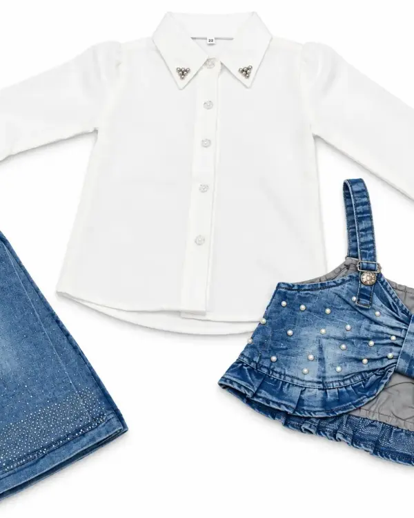 Girls' Blue Wide-Leg Denim Jeans with Rhinestone Embellishments