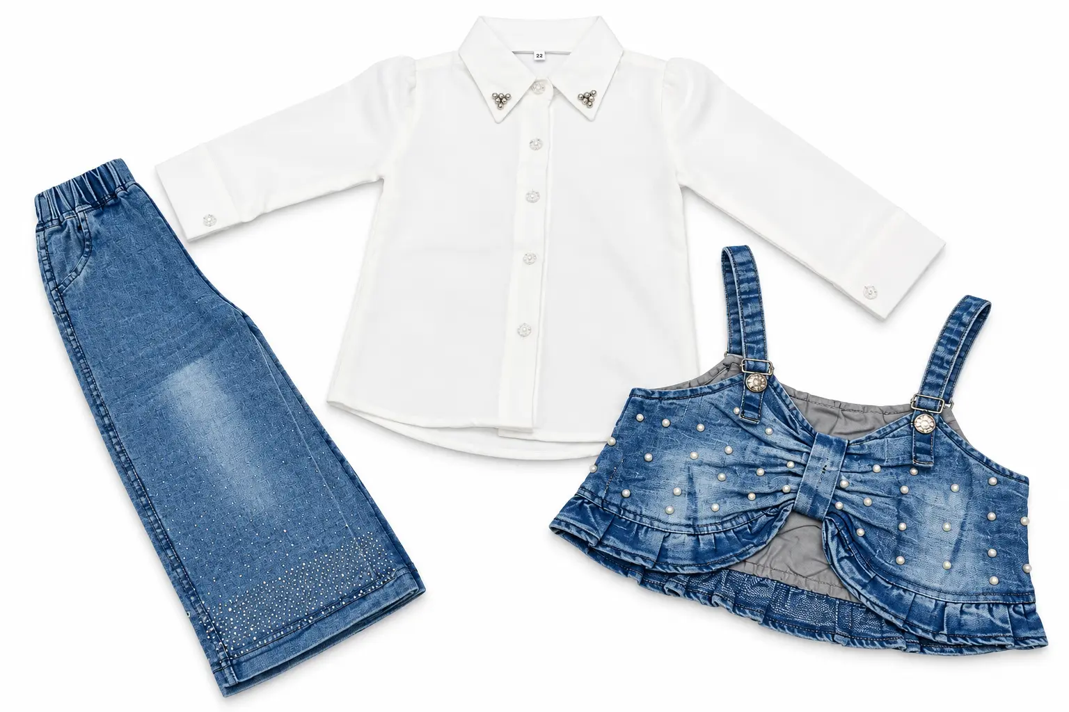 Girls' Blue Wide-Leg Denim Jeans with Rhinestone Embellishments