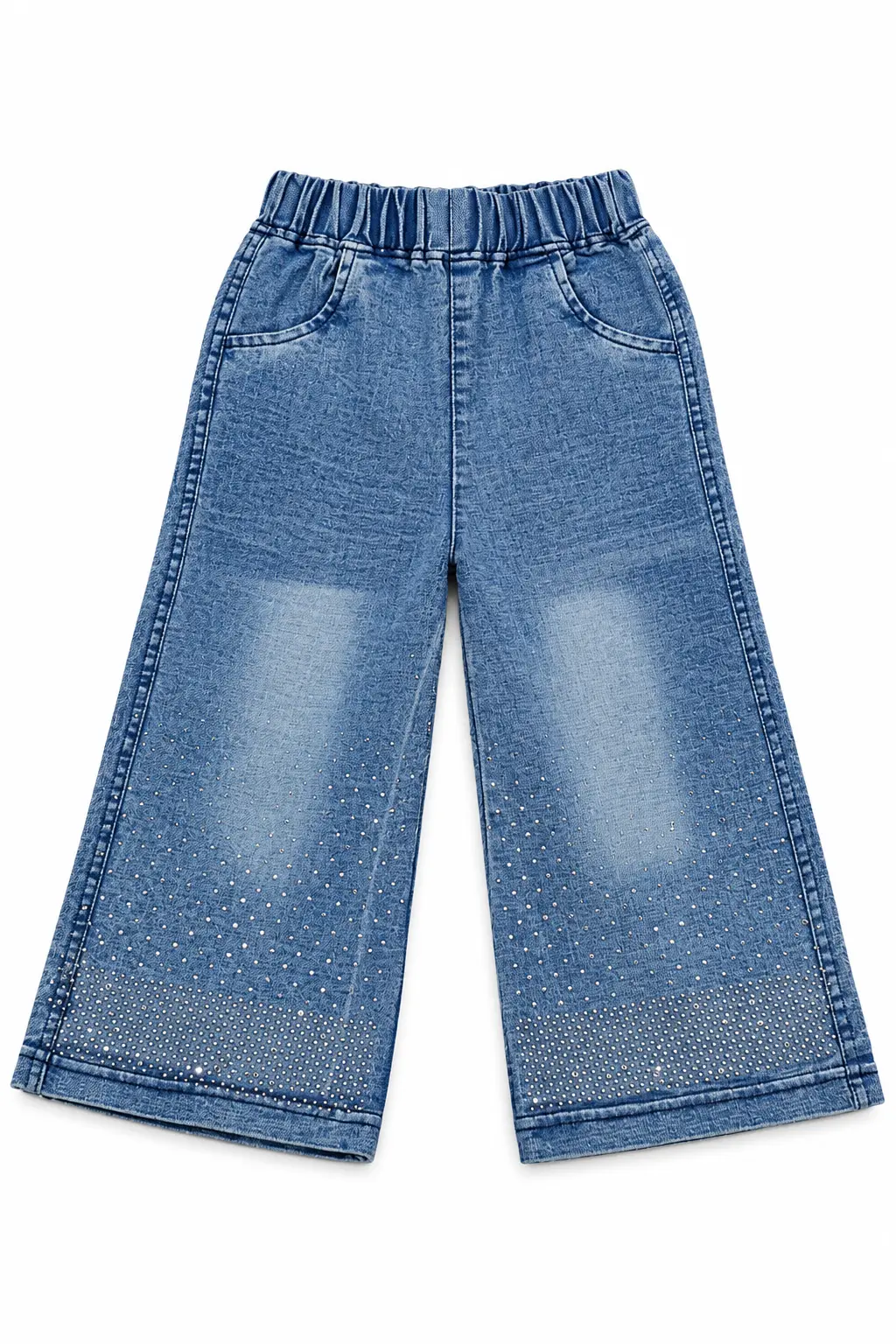 Girls' Blue Wide-Leg Denim Jeans with Rhinestone Embellishments - Image 2