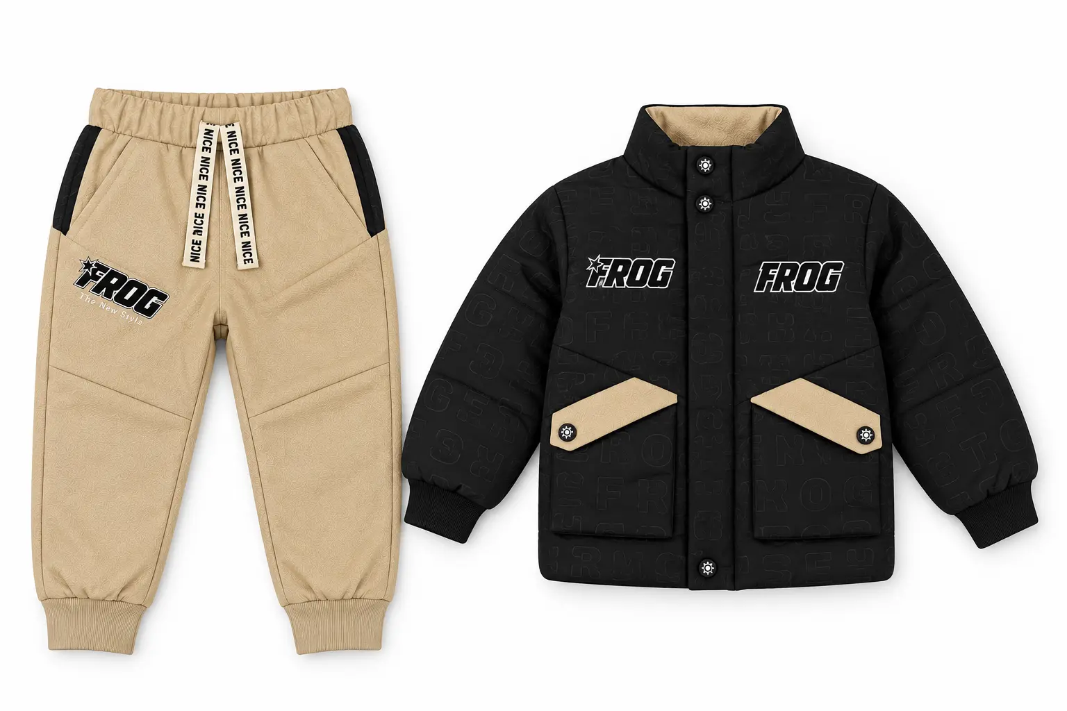 Kids’ Beige Jogger Pants with White Side Panels & FROG Logo - Image 5