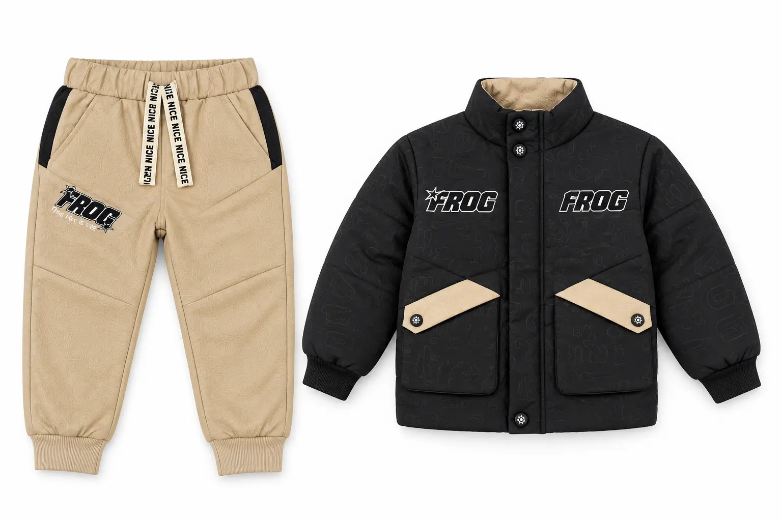 Kids’ Beige Jogger Pants with White Side Panels & FROG Logo - Image 3