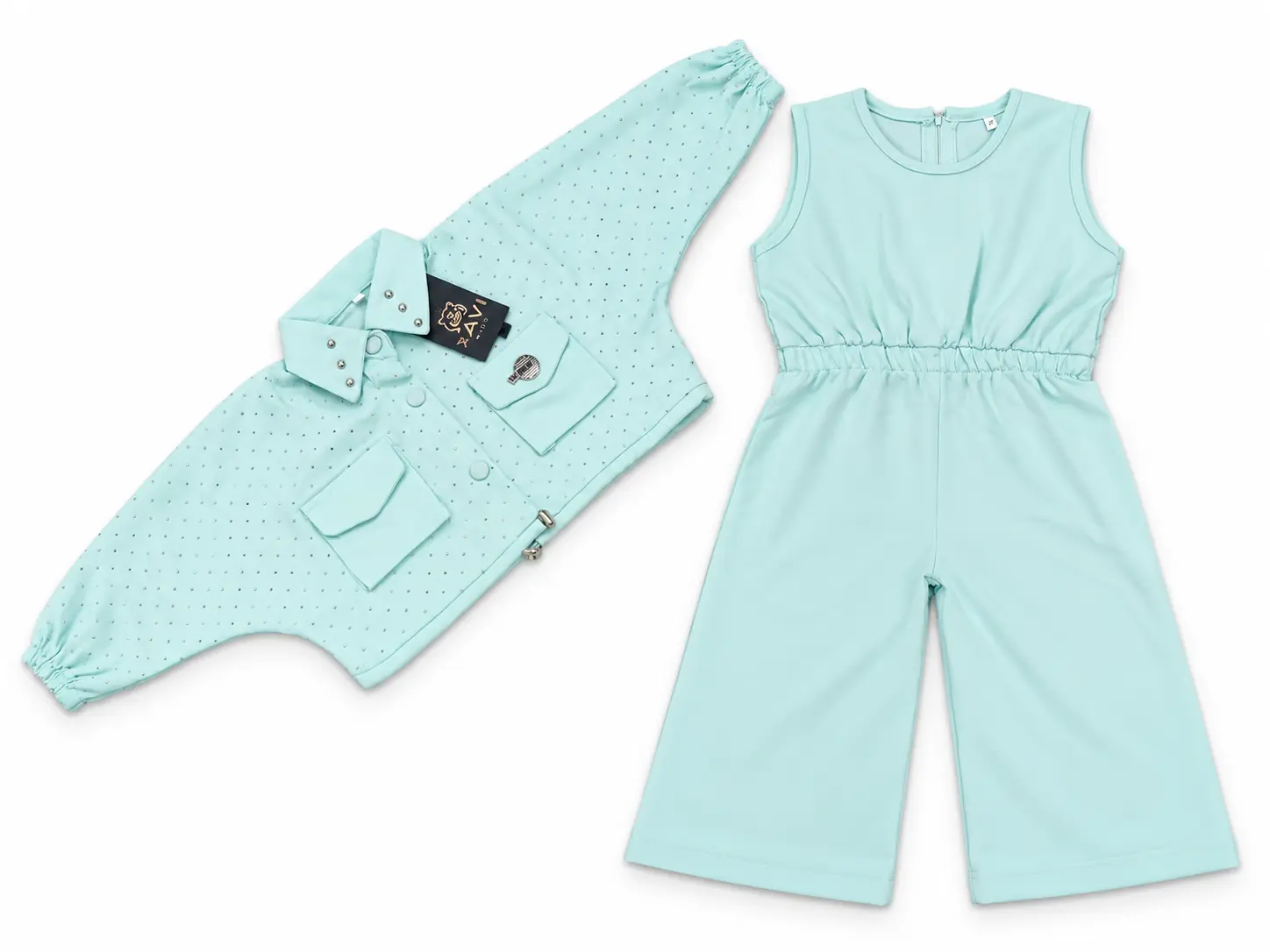 Mint Green Kids Two-Piece Outfit – Embellished Jacket & Wide-Leg Jumpsuit - Image 2