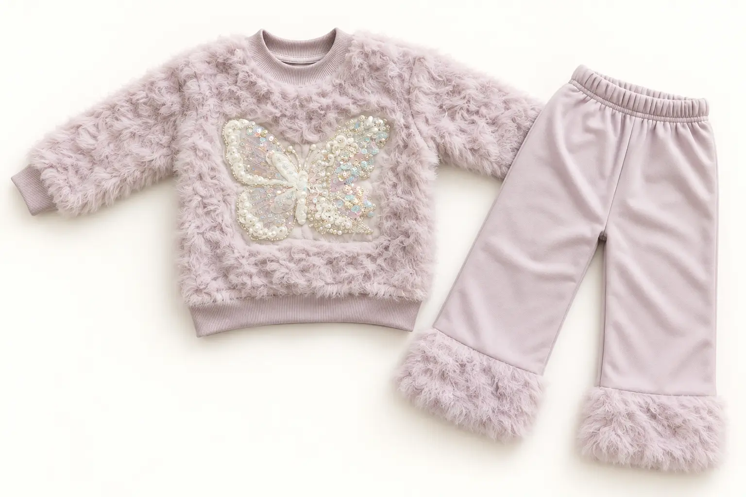 Girls’ Dusty Lilac Butterfly Sweater & Fur-Cuff Pants Set – 2-Piece Outfit - Image 2